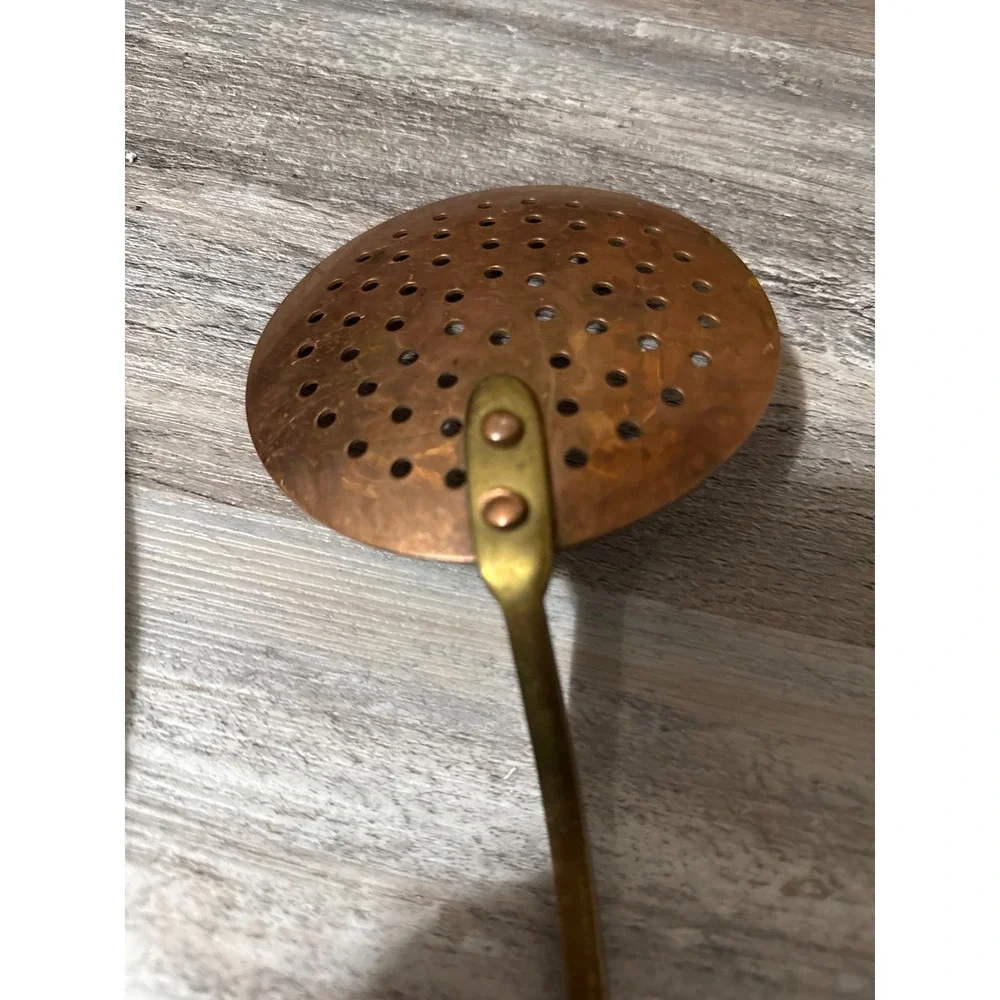 Vintage Copper and Brass Kitchen Utensil Set Ladle Skimmer Fork 3 Piece Rustic